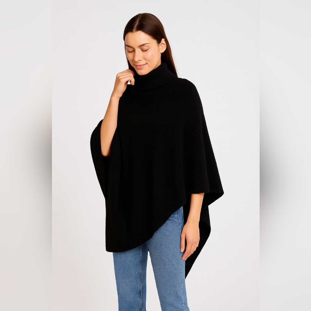 J.Jill Black Bouclé Knit Turtleneck Poncho Sweater One Size - Picture 2 of 10